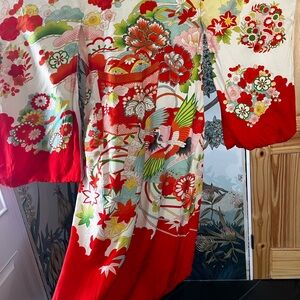 Children’s Vintage Floral Red & White Crane Japanese Kimono